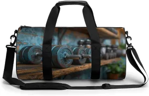 Barbells on The Shelf of The Gym Travel Gym Bag for Women Men Sports Cylindrical Duffle Bag Sport Workout Bag with Shoulder Strap
