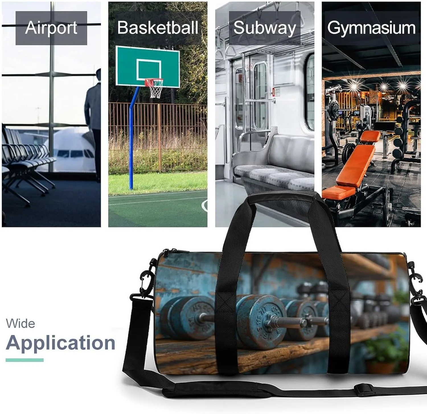 Barbells on The Shelf of The Gym Travel Gym Bag for Women Men Sports Cylindrical Duffle Bag Sport Workout Bag with Shoulder Strap