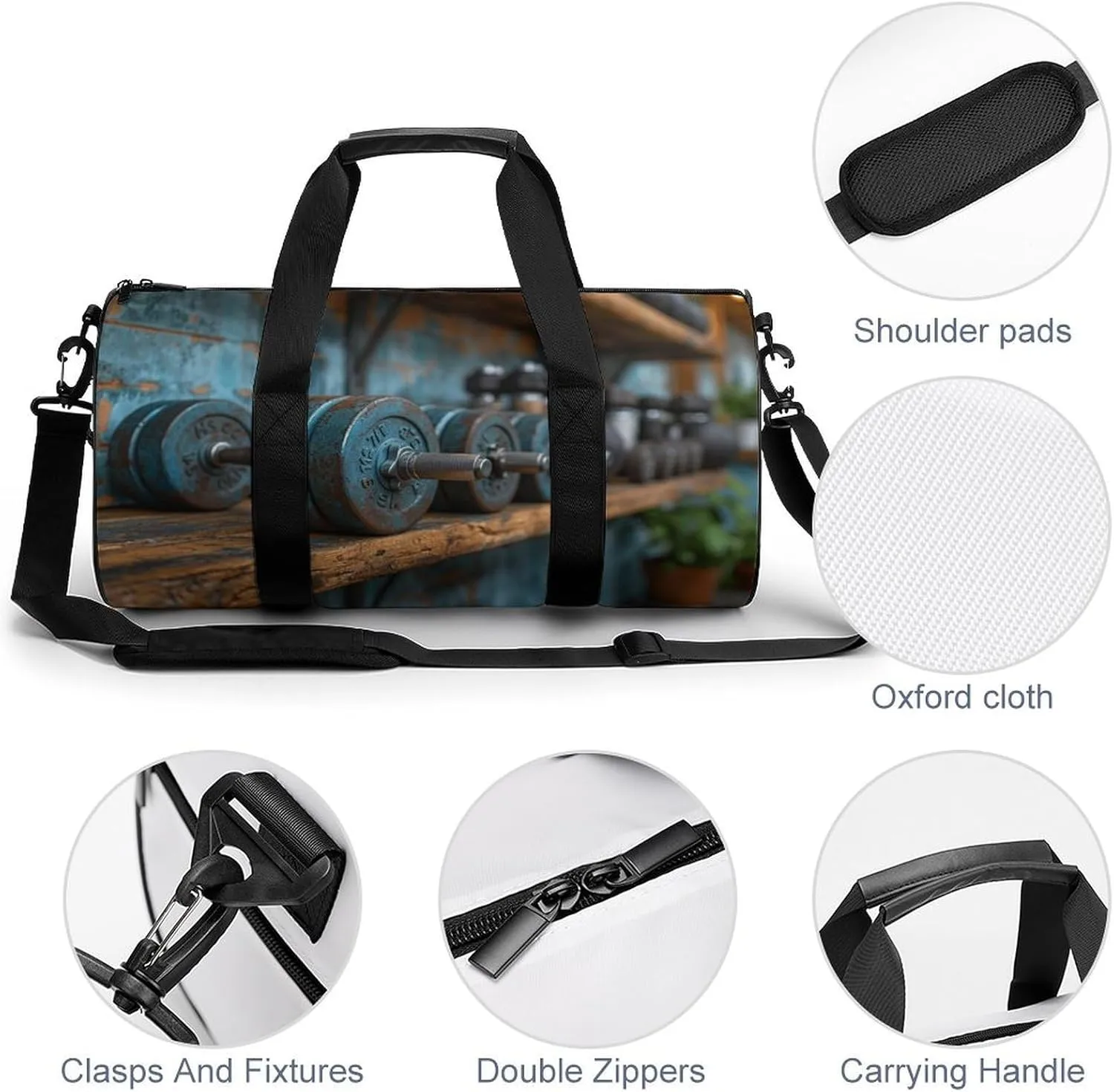 Barbells on The Shelf of The Gym Travel Gym Bag for Women Men Sports Cylindrical Duffle Bag Sport Workout Bag with Shoulder Strap