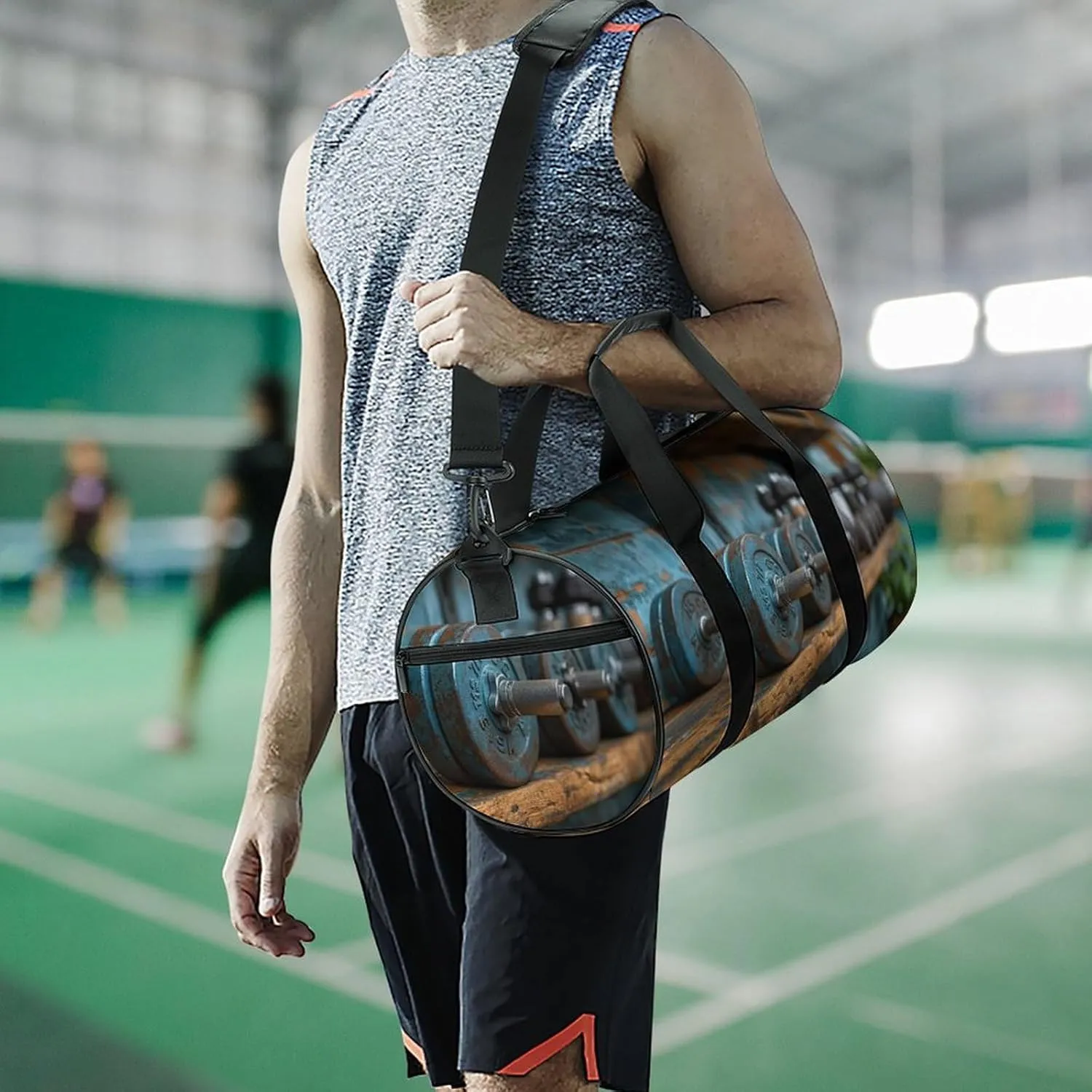 Barbells on The Shelf of The Gym Travel Gym Bag for Women Men Sports Cylindrical Duffle Bag Sport Workout Bag with Shoulder Strap
