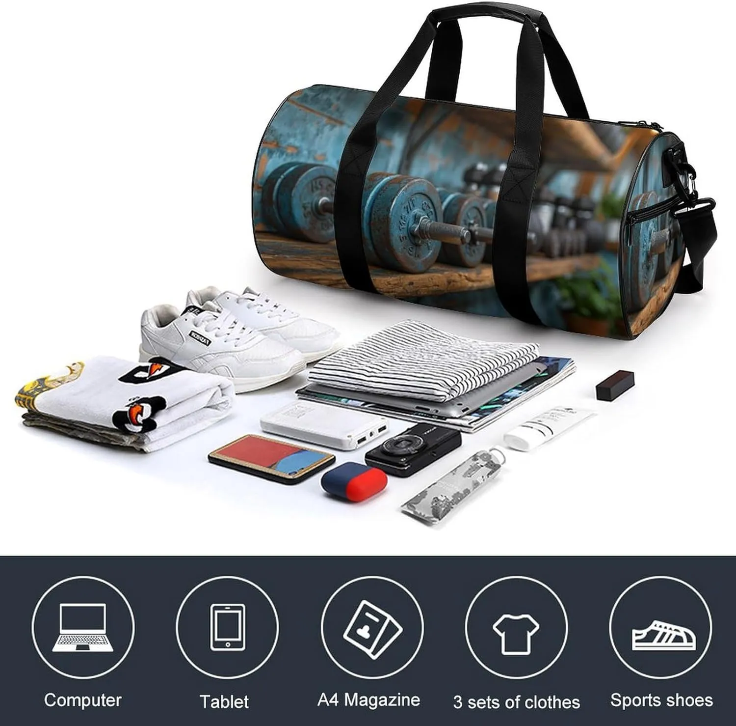 Barbells on The Shelf of The Gym Travel Gym Bag for Women Men Sports Cylindrical Duffle Bag Sport Workout Bag with Shoulder Strap