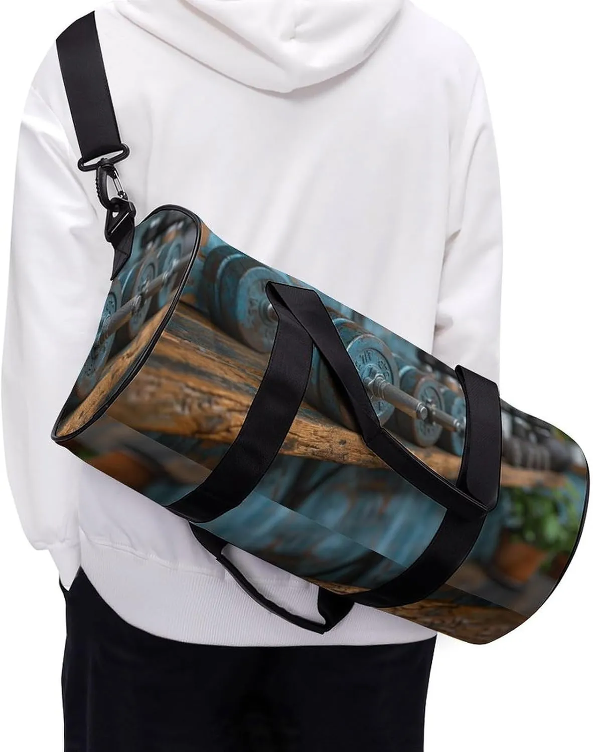 Barbells on The Shelf of The Gym Travel Gym Bag for Women Men Sports Cylindrical Duffle Bag Sport Workout Bag with Shoulder Strap