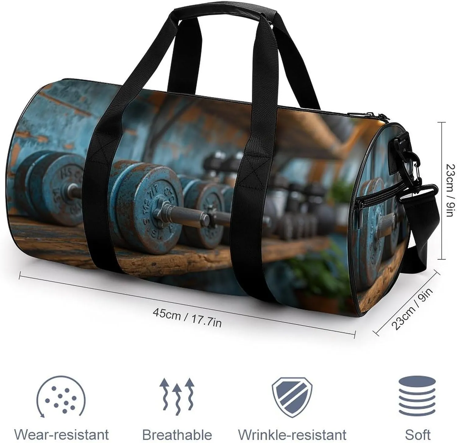 Barbells on The Shelf of The Gym Travel Gym Bag for Women Men Sports Cylindrical Duffle Bag Sport Workout Bag with Shoulder Strap