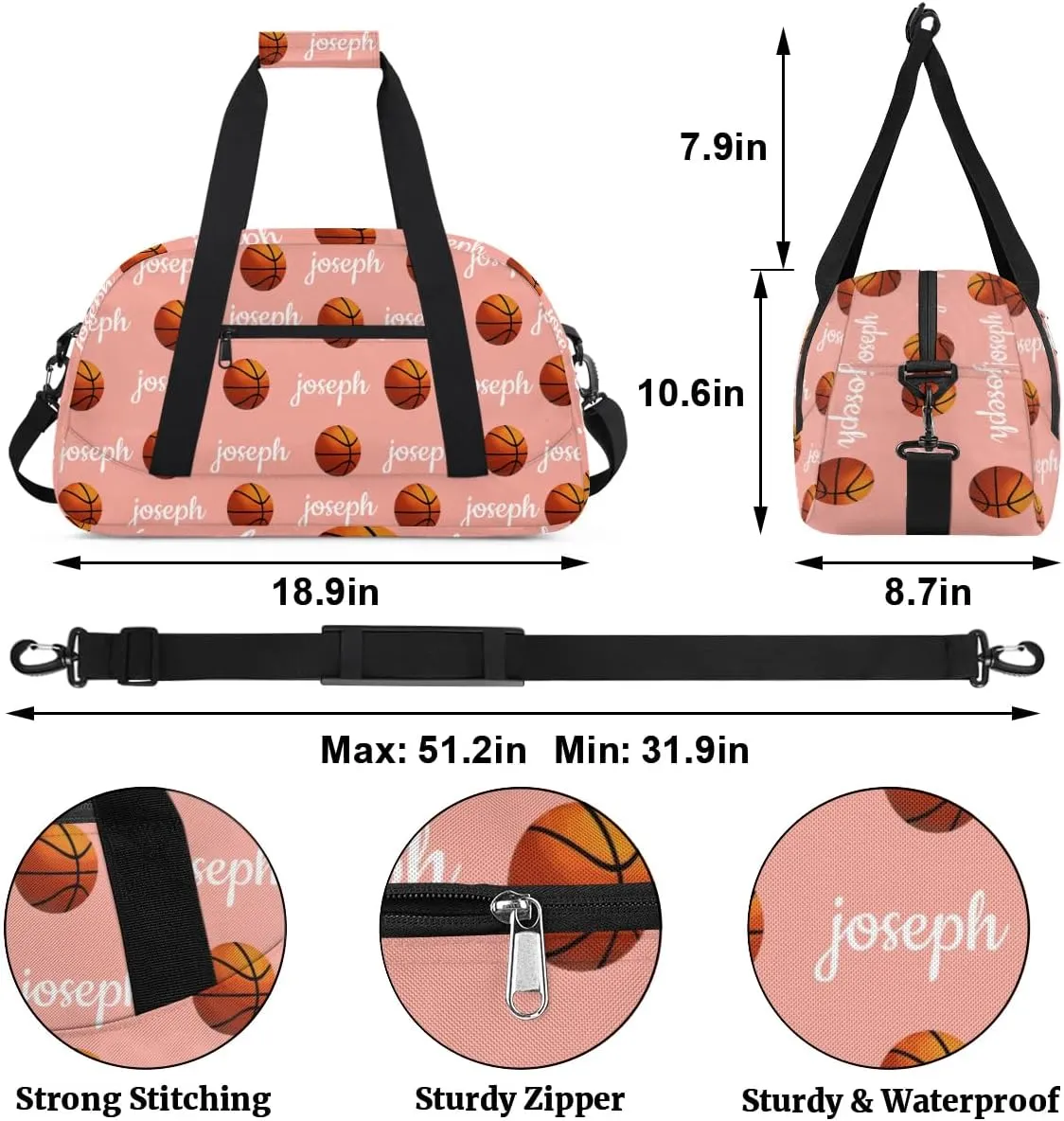 Basketball Custom Name Sport Gym Bag Personalized Overnight Duffel Bag for Boys Girls Weekender Bags Carry On Training Bag, Pale Pink