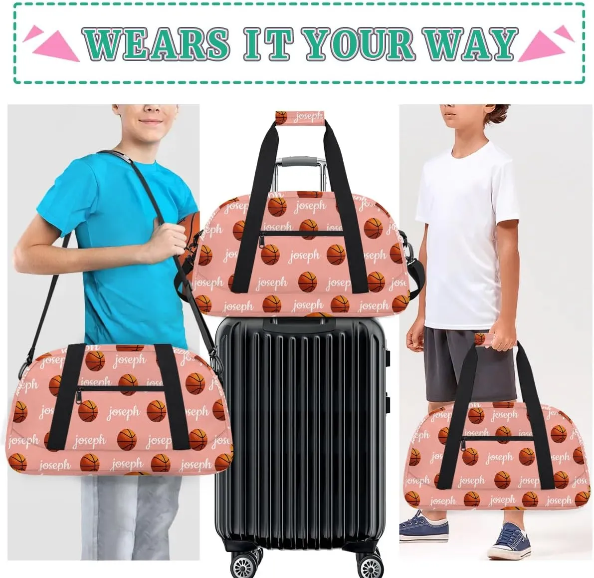 Basketball Custom Name Sport Gym Bag Personalized Overnight Duffel Bag for Boys Girls Weekender Bags Carry On Training Bag, Pale Pink