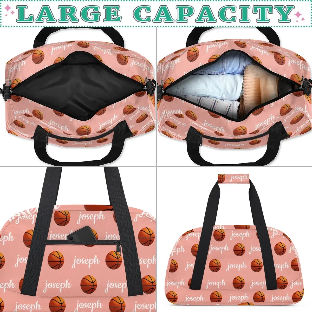 Basketball Custom Name Sport Gym Bag Personalized Overnight Duffel Bag for Boys Girls Weekender Bags Carry On Training Bag, Pale Pink