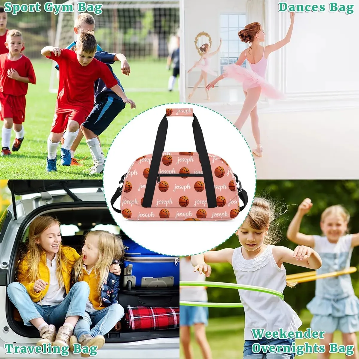 Basketball Custom Name Sport Gym Bag Personalized Overnight Duffel Bag for Boys Girls Weekender Bags Carry On Training Bag, Pale Pink