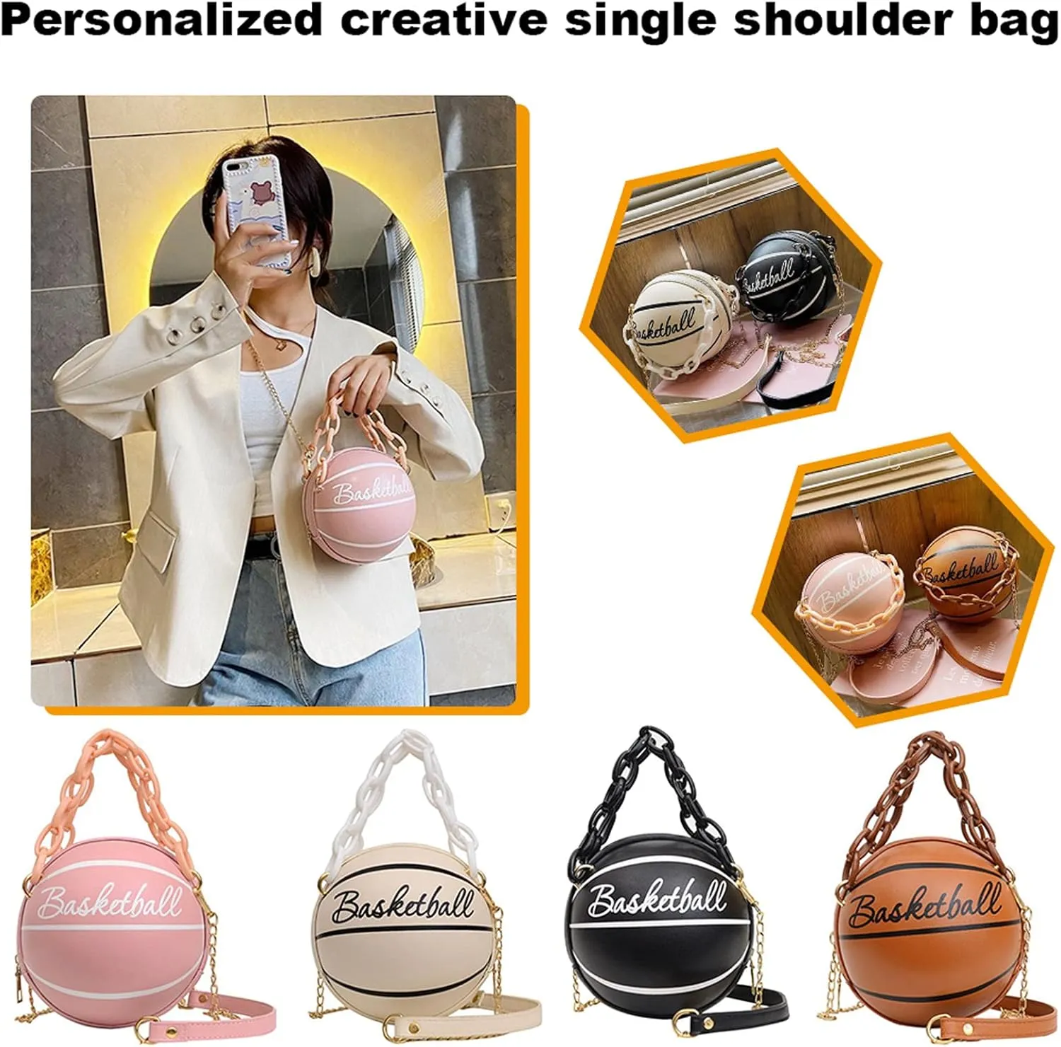 Basketball Shape Mini Handbags Tote, PU Leather Shoulder Cross Body Bag Messenger Purse for Girls Women