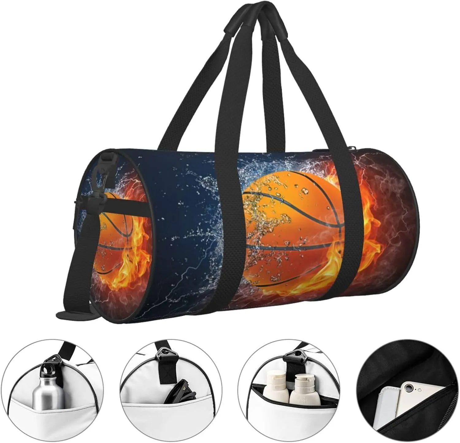 Basketball water fire thunder lightning Round Travel Duffel Bag Large Capacity Gym Sports Bags for Hiking Vacation Trips