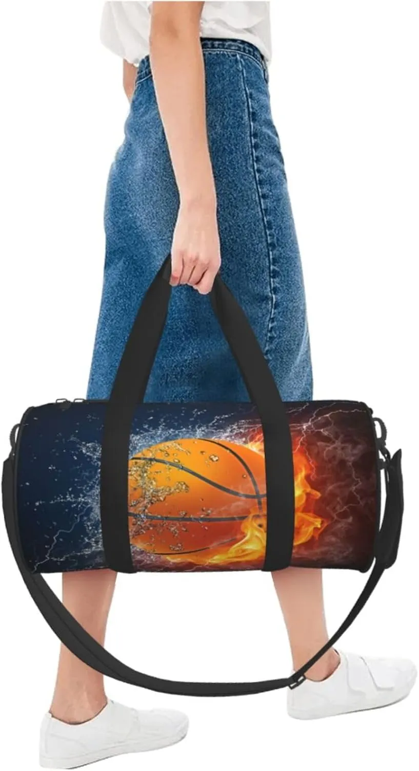 Basketball water fire thunder lightning Round Travel Duffel Bag Large Capacity Gym Sports Bags for Hiking Vacation Trips