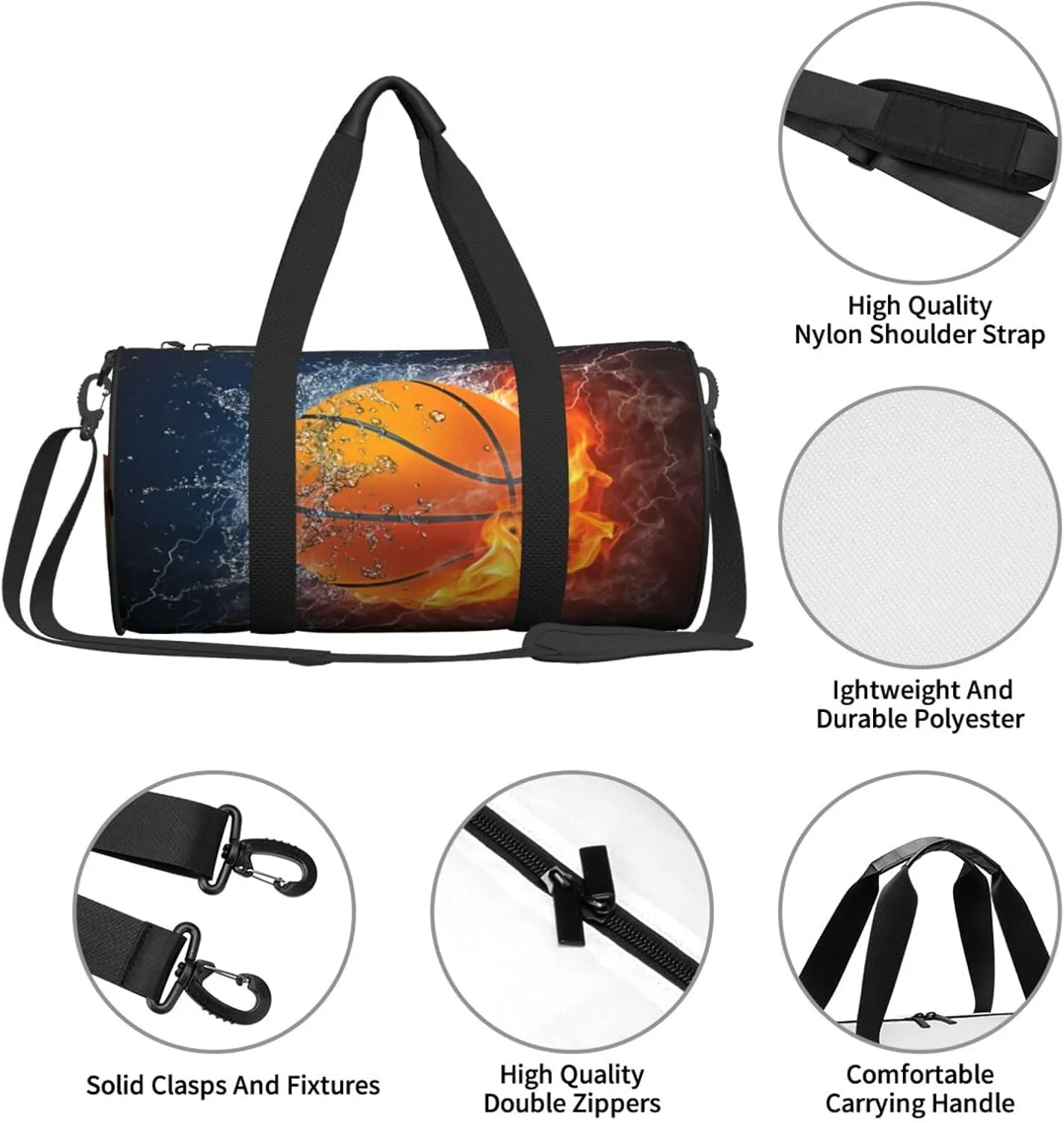 Basketball water fire thunder lightning Round Travel Duffel Bag Large Capacity Gym Sports Bags for Hiking Vacation Trips