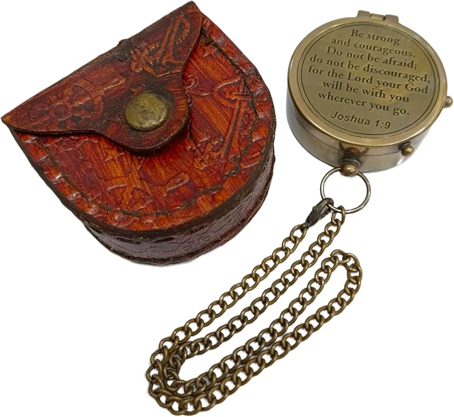 Be Strong and Courageous Do Not Be Afraid Brass Engraved Vintage Compass Birthday Gifts, Confirmation Gifts Ideas with Stamped Leather Case