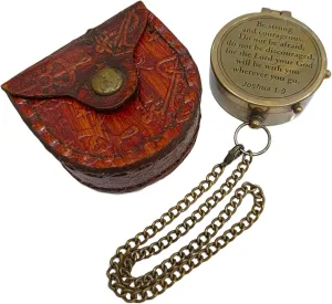 Be Strong and Courageous Do Not Be Afraid Brass Engraved Vintage Compass Birthday Gifts, Confirmation Gifts Ideas with Stamped Leather Case