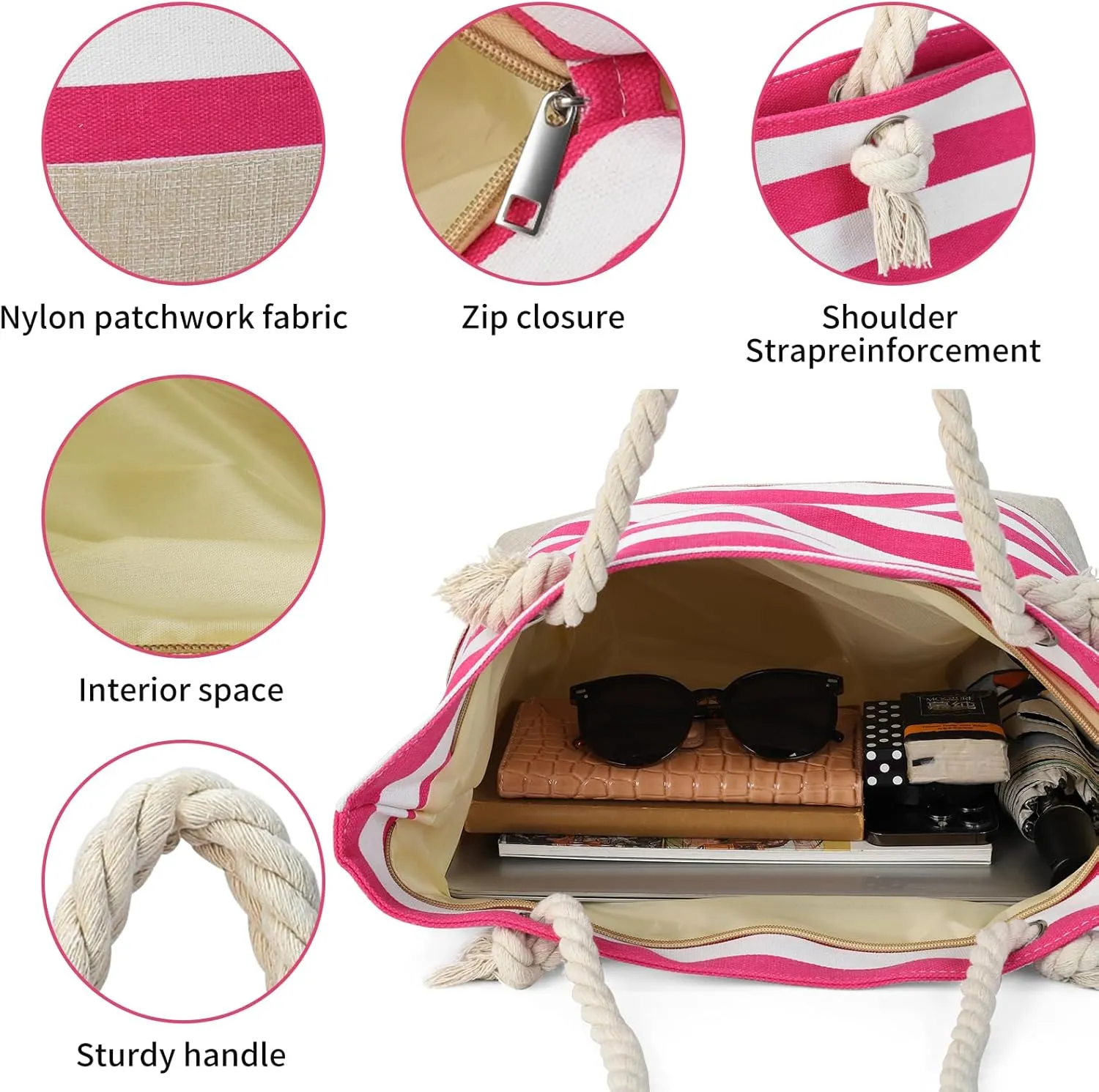 Beach Bags for Women Large Waterproof Tote Bag with Zipper Lightweight Canvas Reusable Grocery Shopping Shoulder Bag