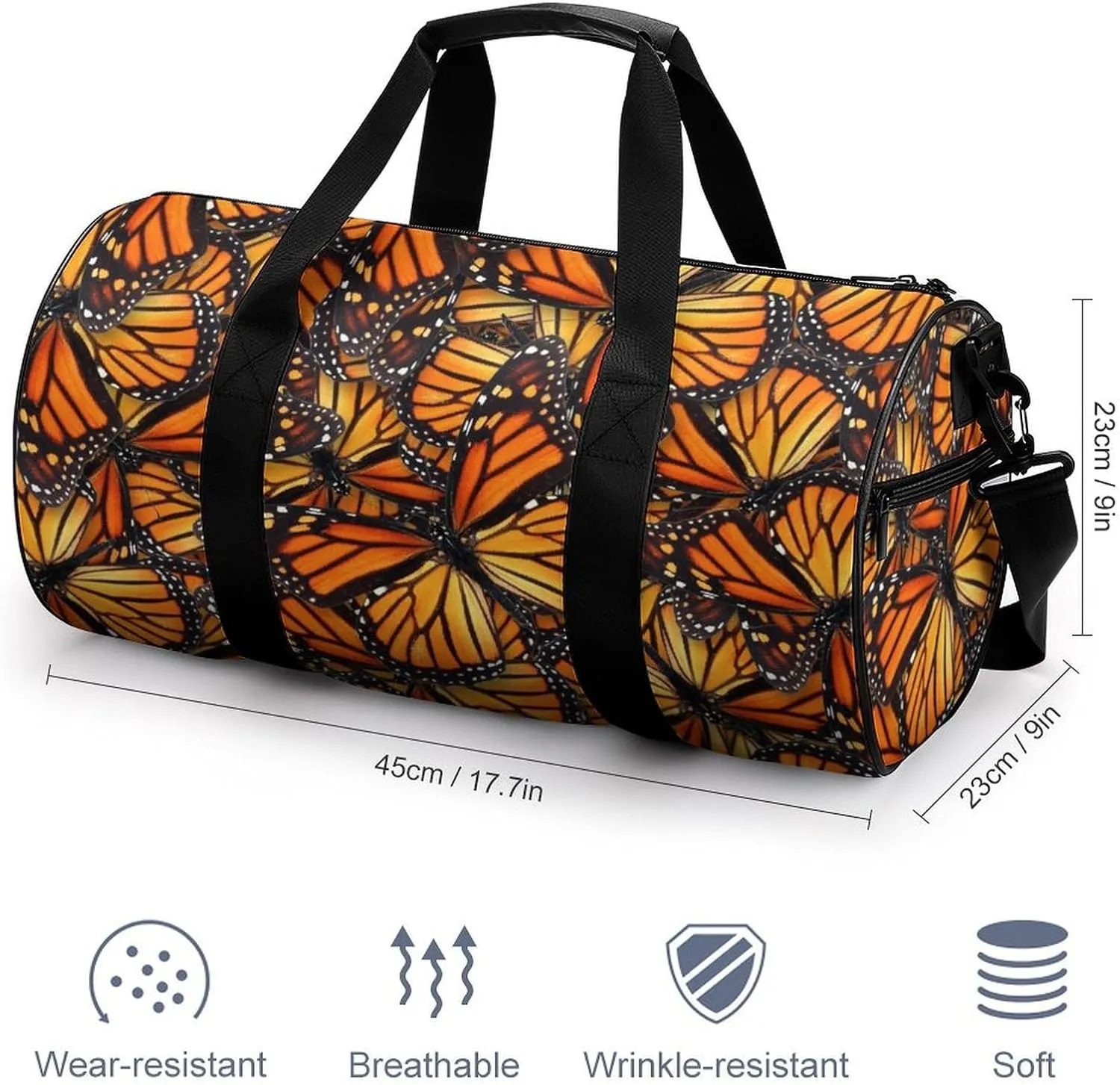 Beautiful Monarch Butterfly Large Capacity Cylindrical Fitness Bag, Hand-held Fitness Bag