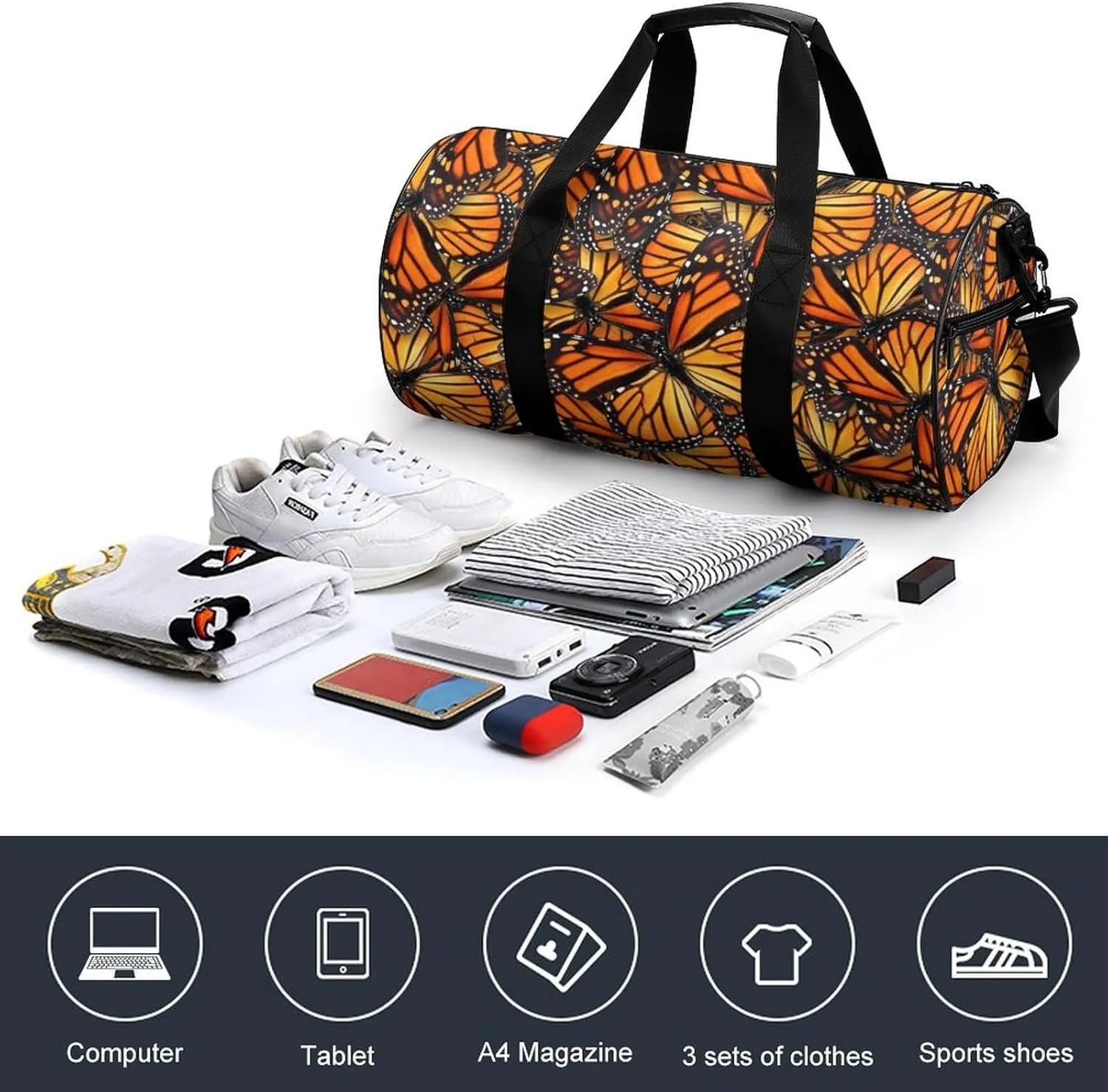 Beautiful Monarch Butterfly Large Capacity Cylindrical Fitness Bag, Hand-held Fitness Bag
