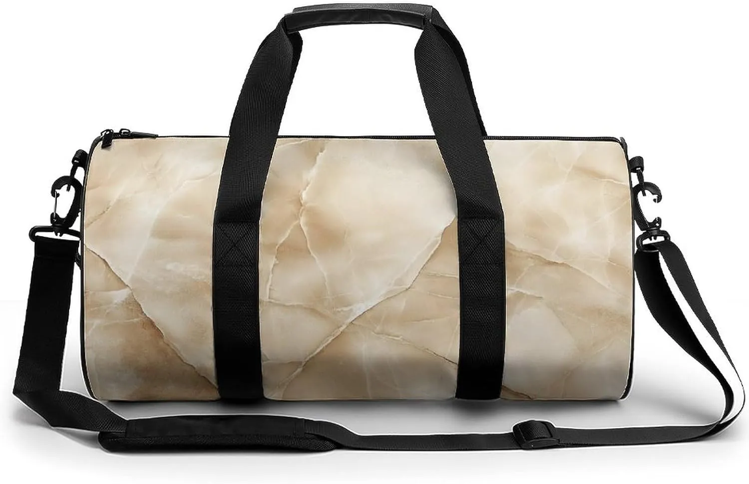Beige Marble Travel Gym Bag for Women Men Cylindrical Duffle Bag Sport Workout Bag with Shoulder Strap