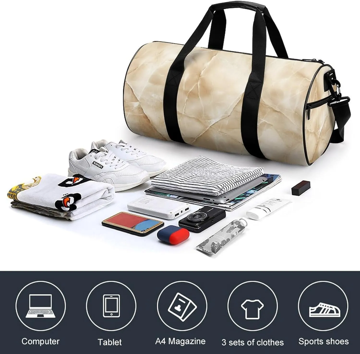 Beige Marble Travel Gym Bag for Women Men Cylindrical Duffle Bag Sport Workout Bag with Shoulder Strap