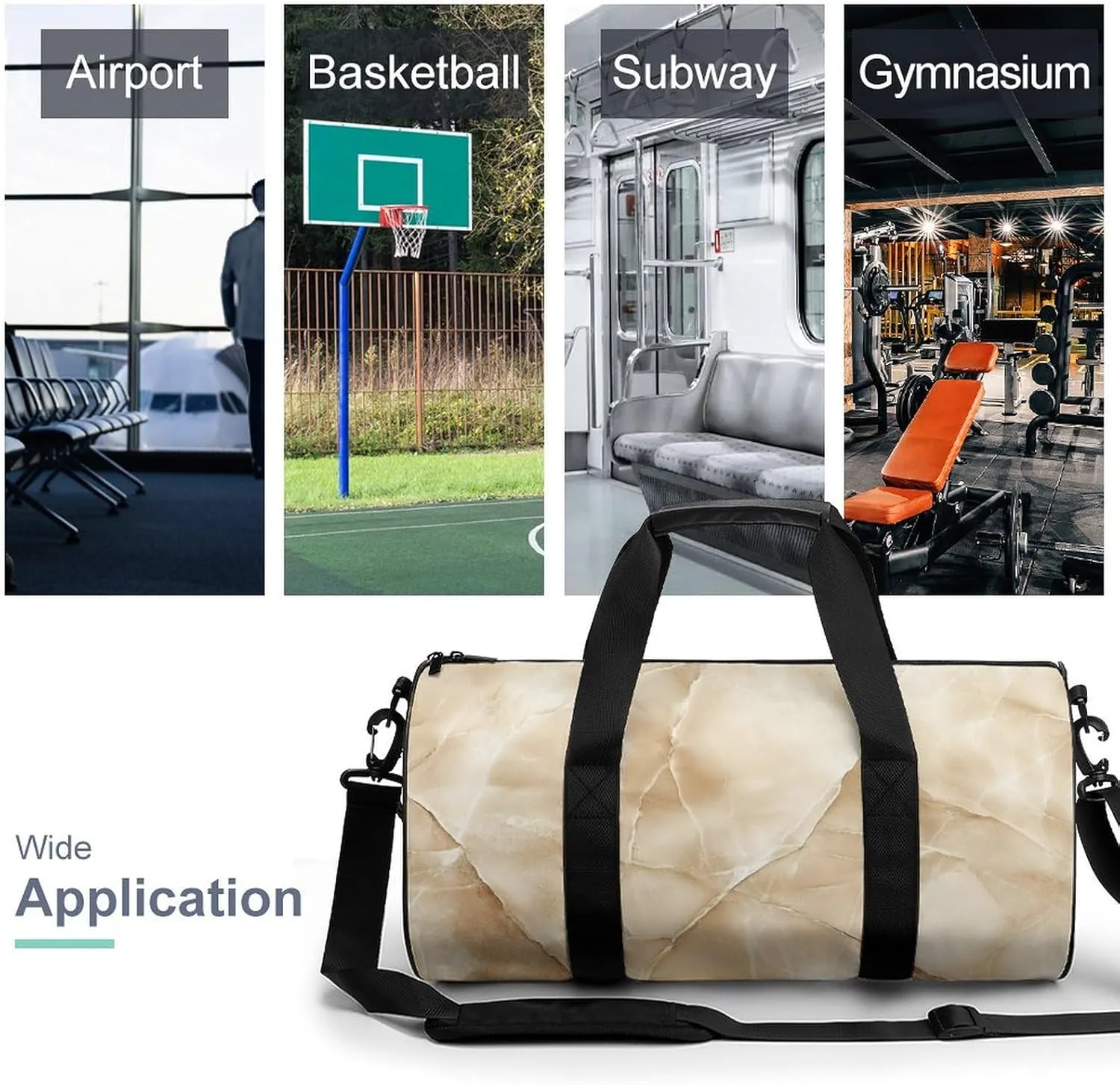 Beige Marble Travel Gym Bag for Women Men Cylindrical Duffle Bag Sport Workout Bag with Shoulder Strap