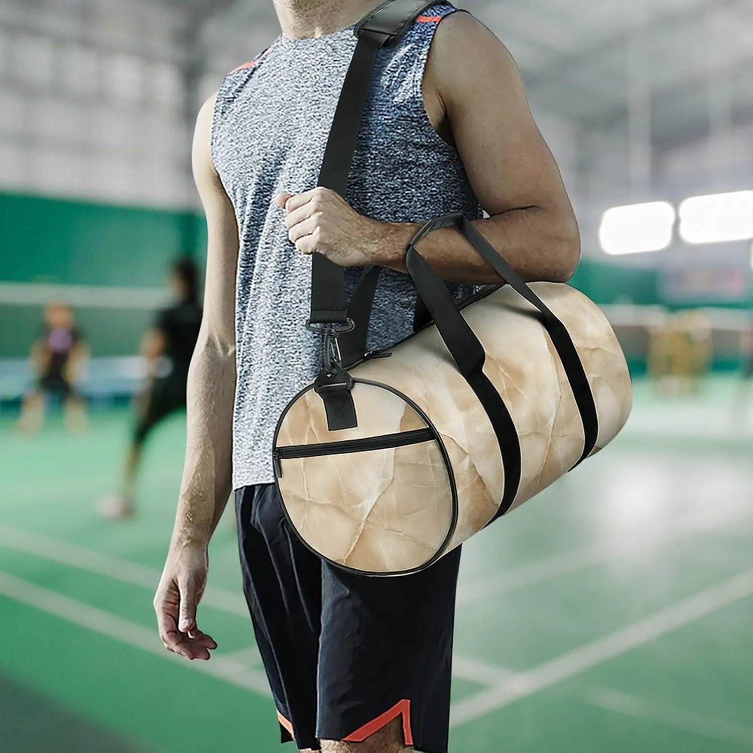 Beige Marble Travel Gym Bag for Women Men Cylindrical Duffle Bag Sport Workout Bag with Shoulder Strap