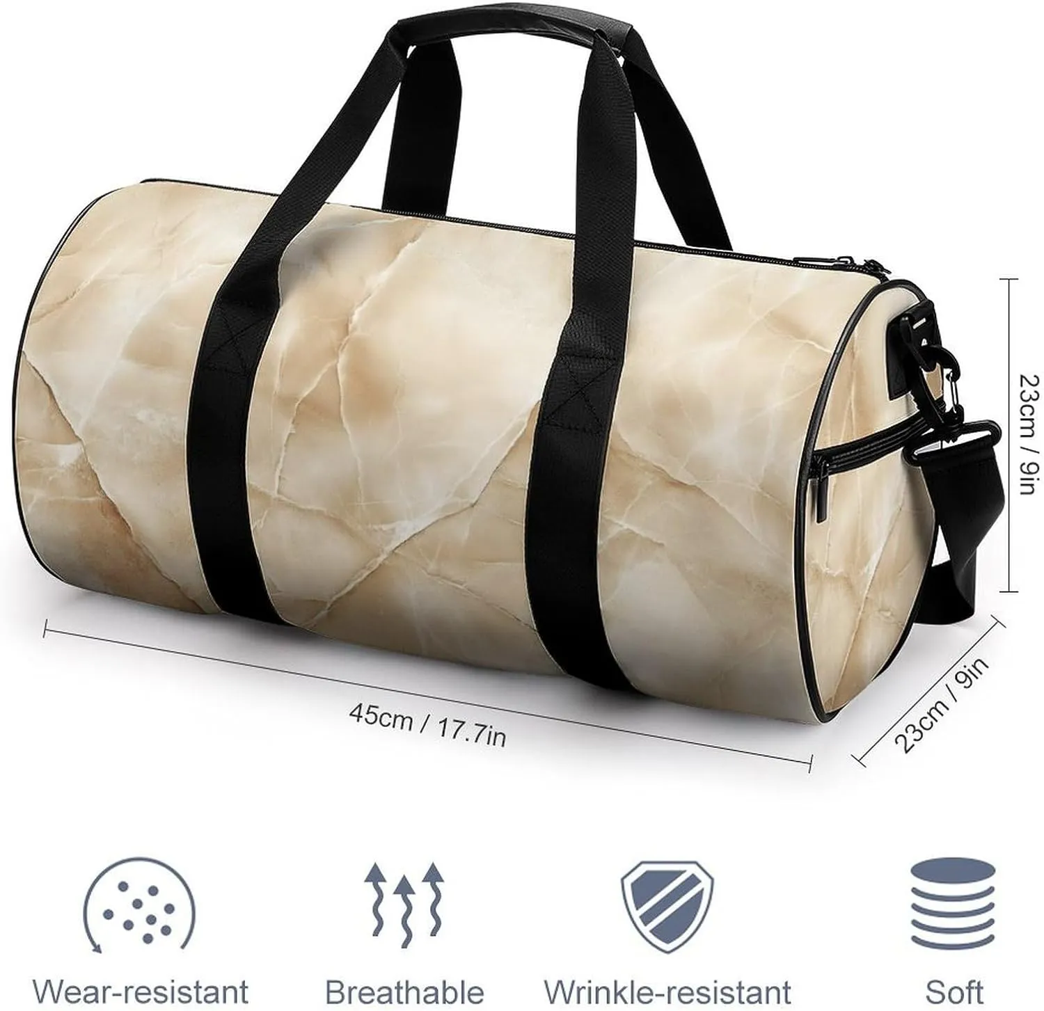 Beige Marble Travel Gym Bag for Women Men Cylindrical Duffle Bag Sport Workout Bag with Shoulder Strap