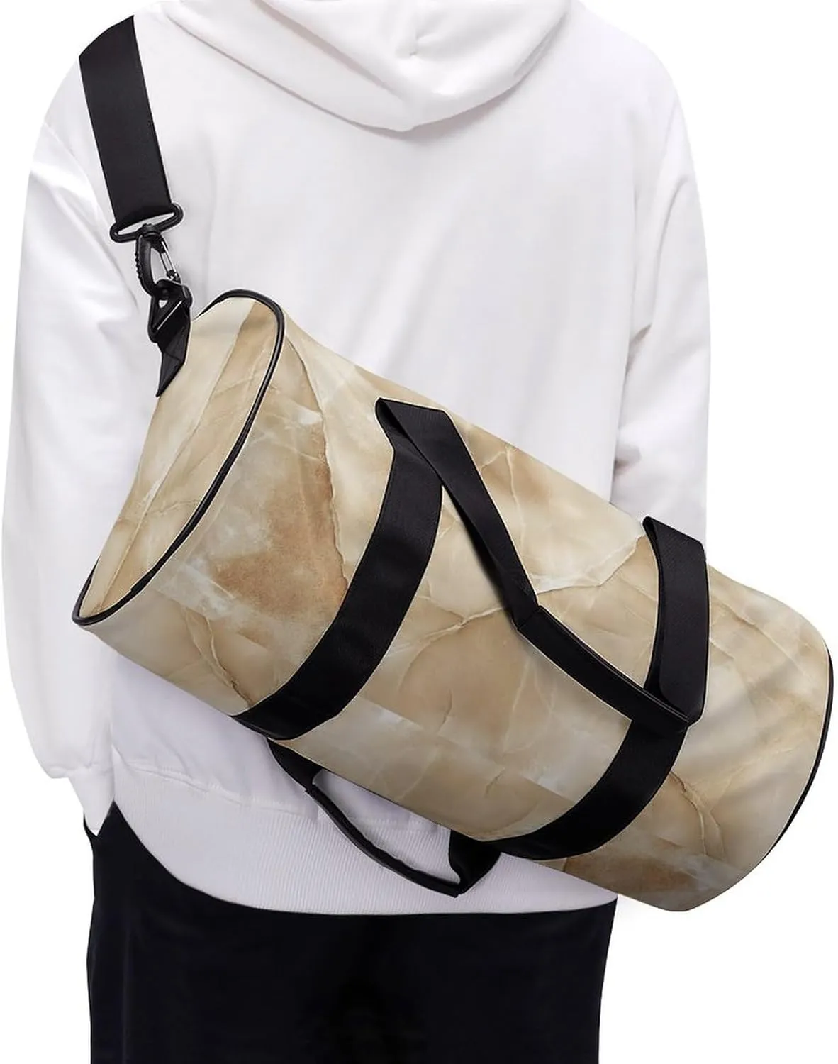 Beige Marble Travel Gym Bag for Women Men Cylindrical Duffle Bag Sport Workout Bag with Shoulder Strap