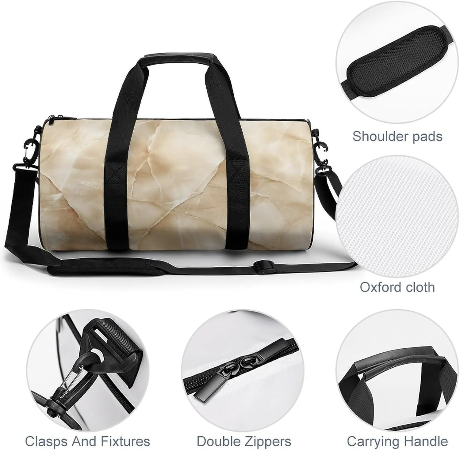 Beige Marble Travel Gym Bag for Women Men Cylindrical Duffle Bag Sport Workout Bag with Shoulder Strap