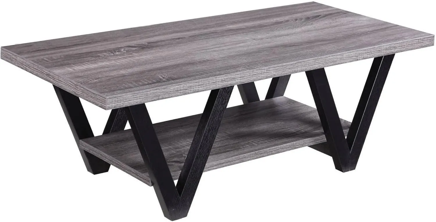 Benzara Zigzag Contemporary Solid Wooden Coffee Table with Bottom Shelf, Black