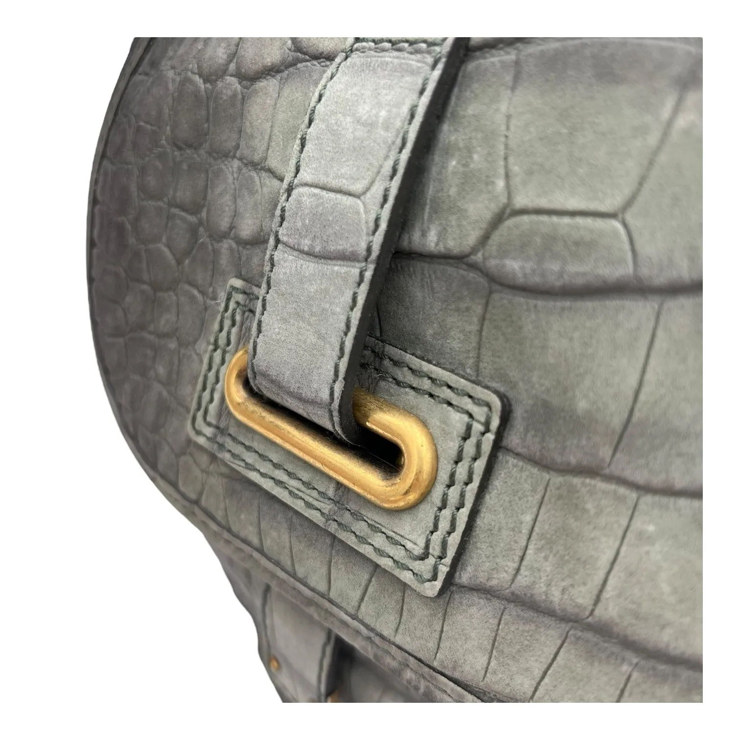 Besace Shoulder Bag Grey in Crocodile Embossed Calfskin, Gold hardware