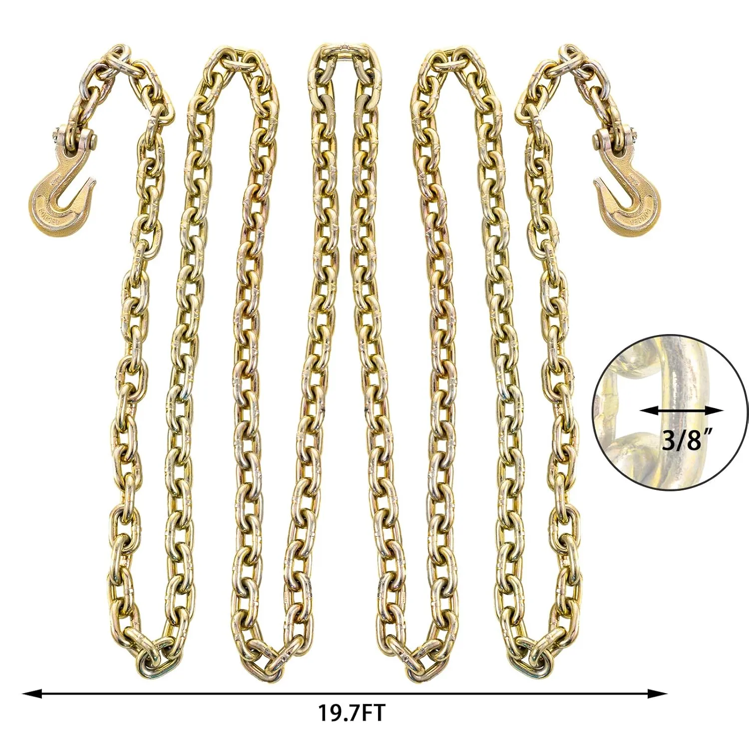 BestEquip 2 Pack Grade 80 Chain 3/8" x 20' Heavy Duty Chain with Safety Grab Hooks Logging Chain Safe Working Load for Transporting Towing Tie Down Binding Equipment
