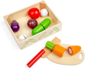 Bigjigs Toys Crate of Wooden Cutting Vegetables with Chopping Board and Knife - Play Food Toys