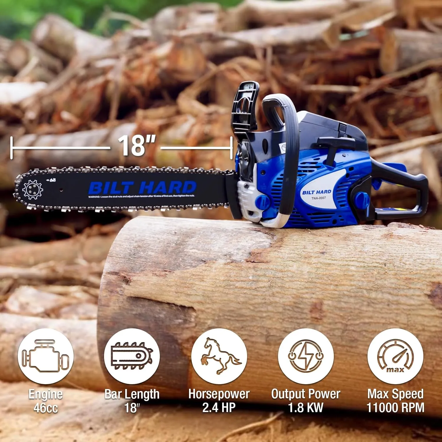 BILT HARD 18 Inch Gas Chainsaw, 46cc 2.4 HP Gas Power Chain Saw with Automatic Oiler, 2-Cycle Engine, Petrol Handheld Gasoline Chainsaws for Wood Cutting