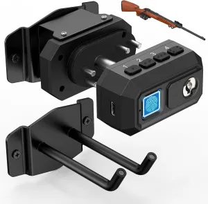 Biometric Gun Trigger Lock - Quick Release Gun Lock with Shotgun Wall Mount Store Rifle Shotgun, Horizontal Metal Gun Rack for Wall with Soft Rubber Ring for Secure Display & Childproof Safety