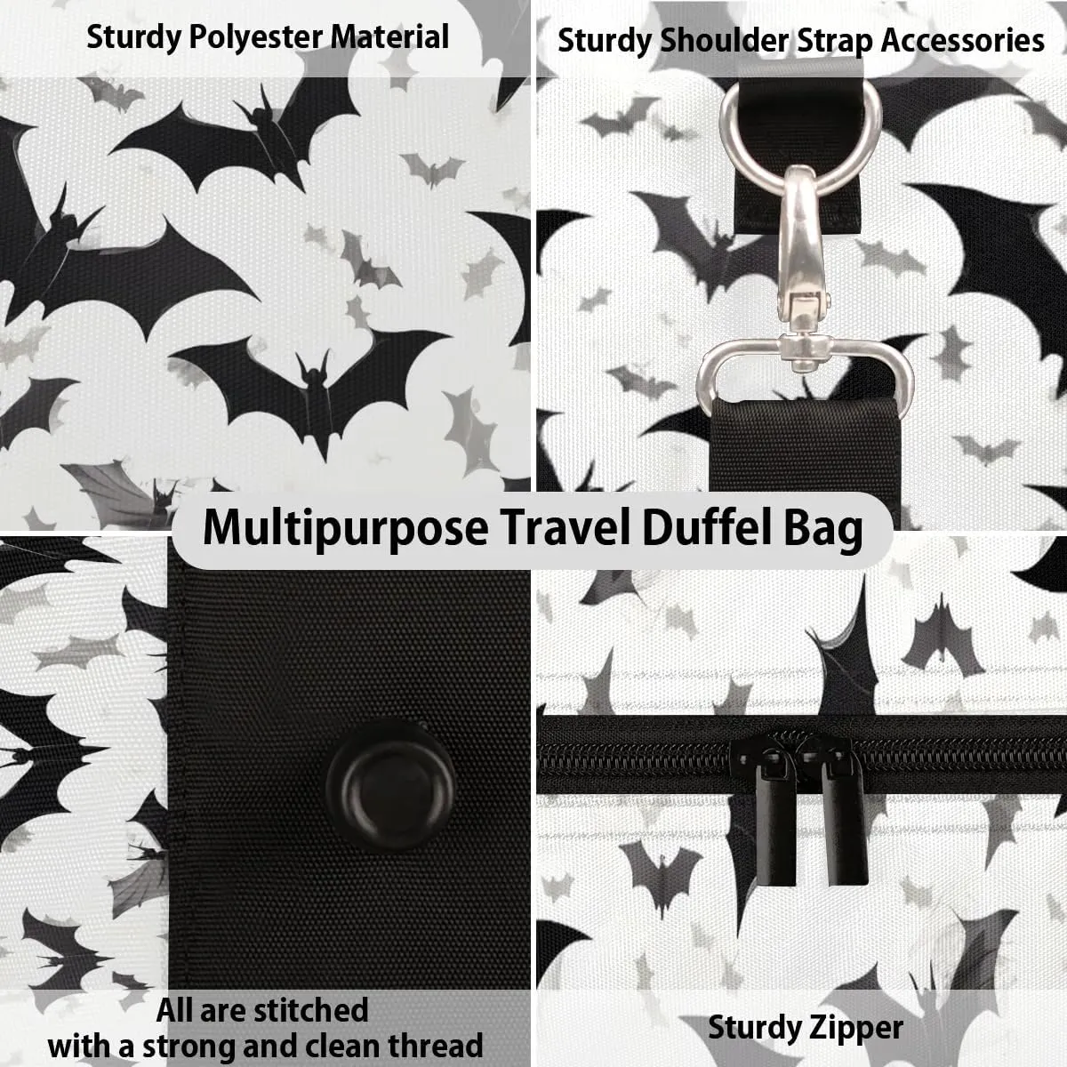 Black Bats Horror Halloween Pattern Travel Duffel Bag for Women Men Waterproof Foldable Overnight Weekender Bag Large Capacity Sports Gym Bag
