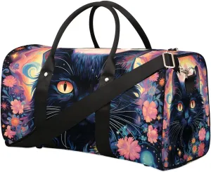 Black Cat Print Travel Duffel Bag for Women Men Waterproof Foldable Overnight Weekender Bag Large Capacity Sports Gym Bag
