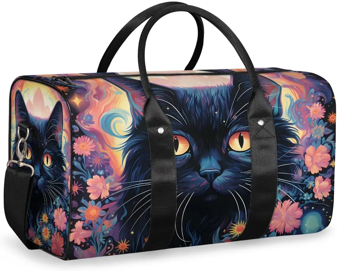 Black Cat Print Travel Duffel Bag for Women Men Waterproof Foldable Overnight Weekender Bag Large Capacity Sports Gym Bag