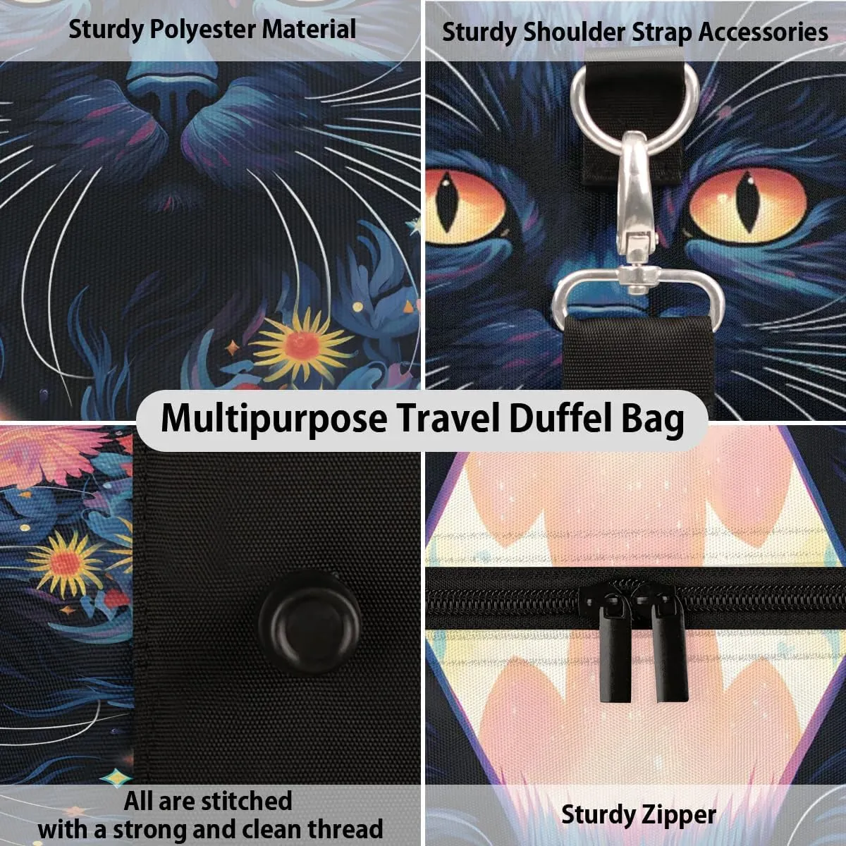 Black Cat Print Travel Duffel Bag for Women Men Waterproof Foldable Overnight Weekender Bag Large Capacity Sports Gym Bag