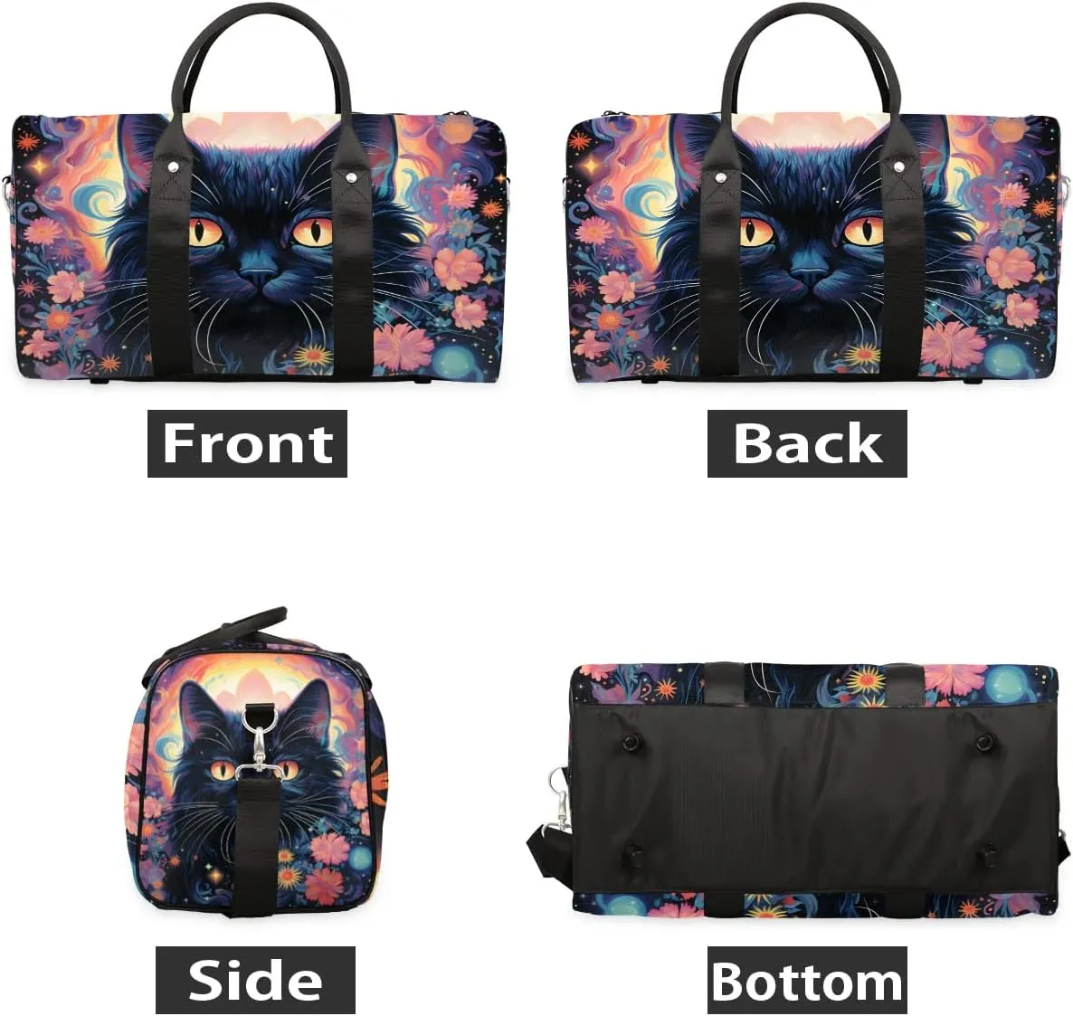 Black Cat Print Travel Duffel Bag for Women Men Waterproof Foldable Overnight Weekender Bag Large Capacity Sports Gym Bag