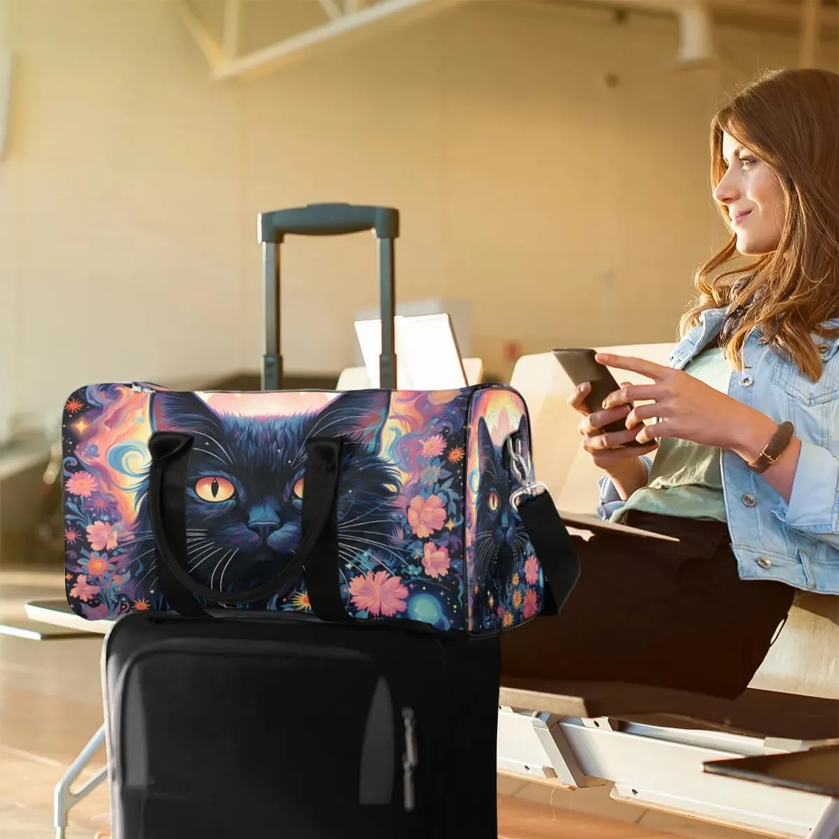 Black Cat Print Travel Duffel Bag for Women Men Waterproof Foldable Overnight Weekender Bag Large Capacity Sports Gym Bag
