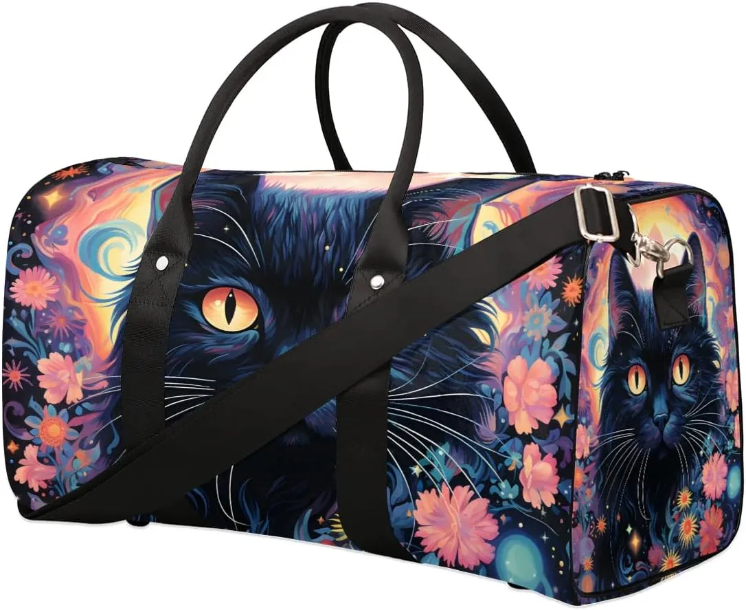 Black Cat Print Travel Duffel Bag for Women Men Waterproof Foldable Overnight Weekender Bag Large Capacity Sports Gym Bag