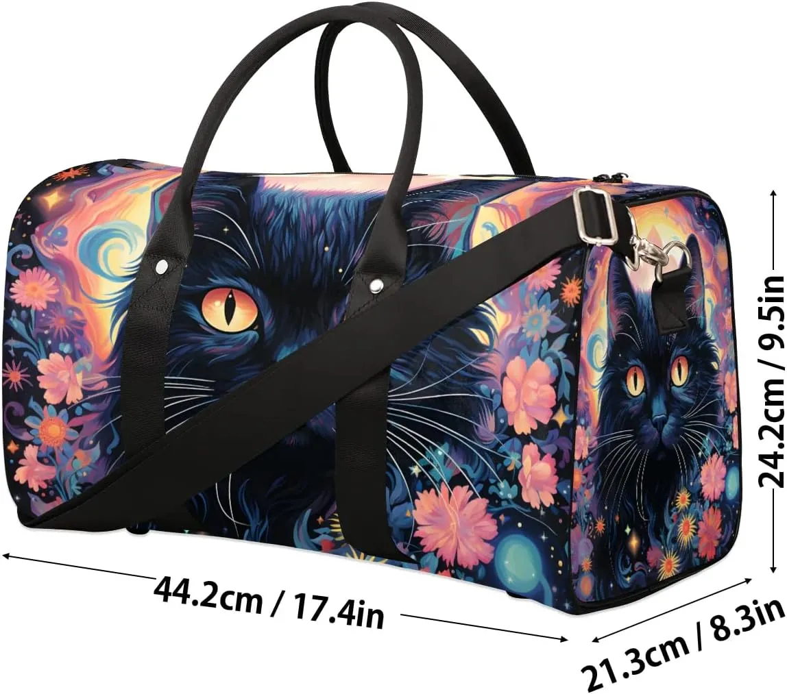 Black Cat Print Travel Duffel Bag for Women Men Waterproof Foldable Overnight Weekender Bag Large Capacity Sports Gym Bag