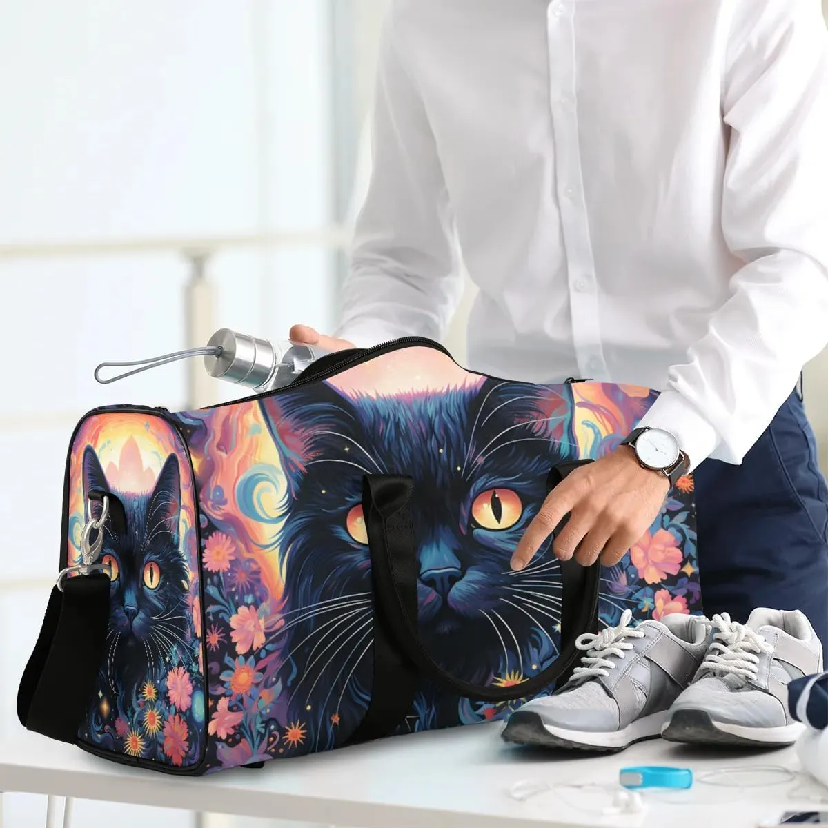 Black Cat Print Travel Duffel Bag for Women Men Waterproof Foldable Overnight Weekender Bag Large Capacity Sports Gym Bag