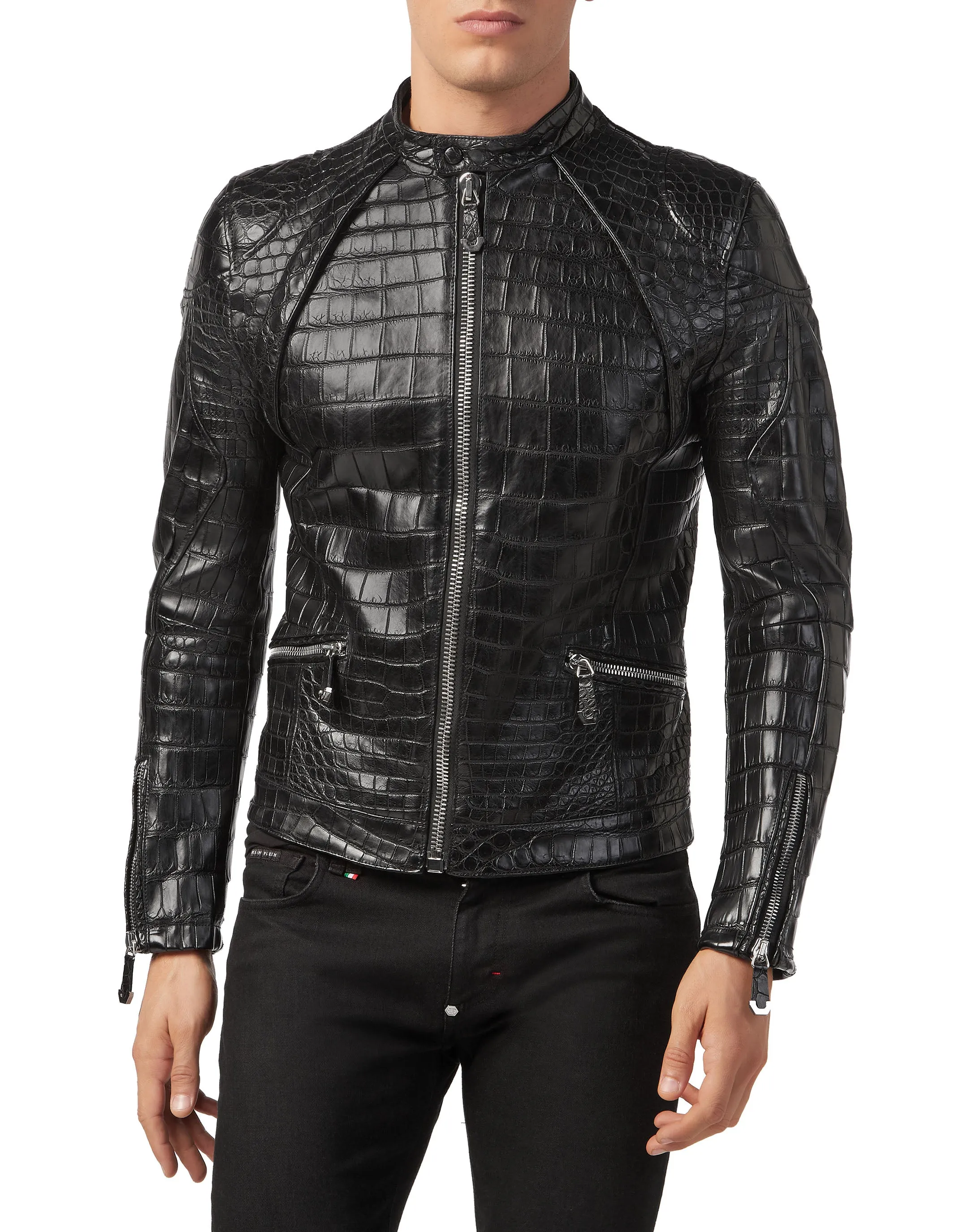 Black Crocodile Embossed Leather Jacket for Men