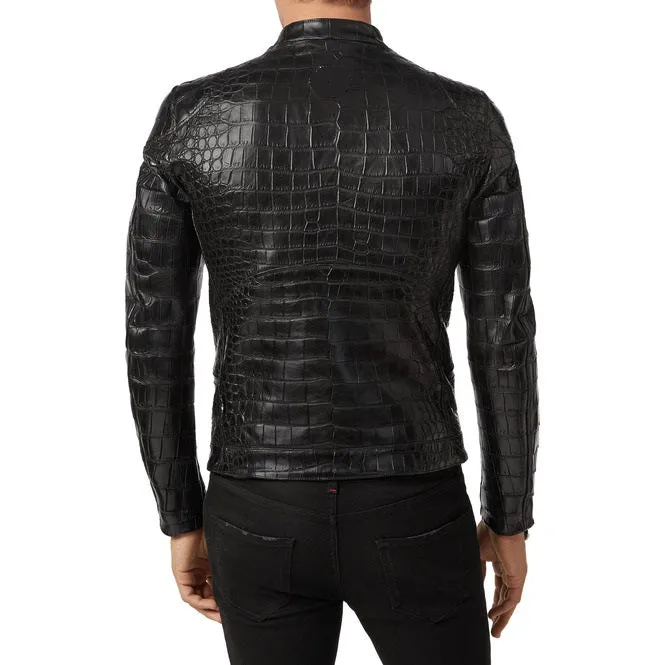 Black Crocodile Embossed Leather Jacket for Men