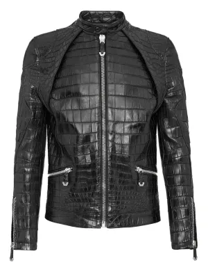 Black Crocodile Embossed Leather Jacket for Men