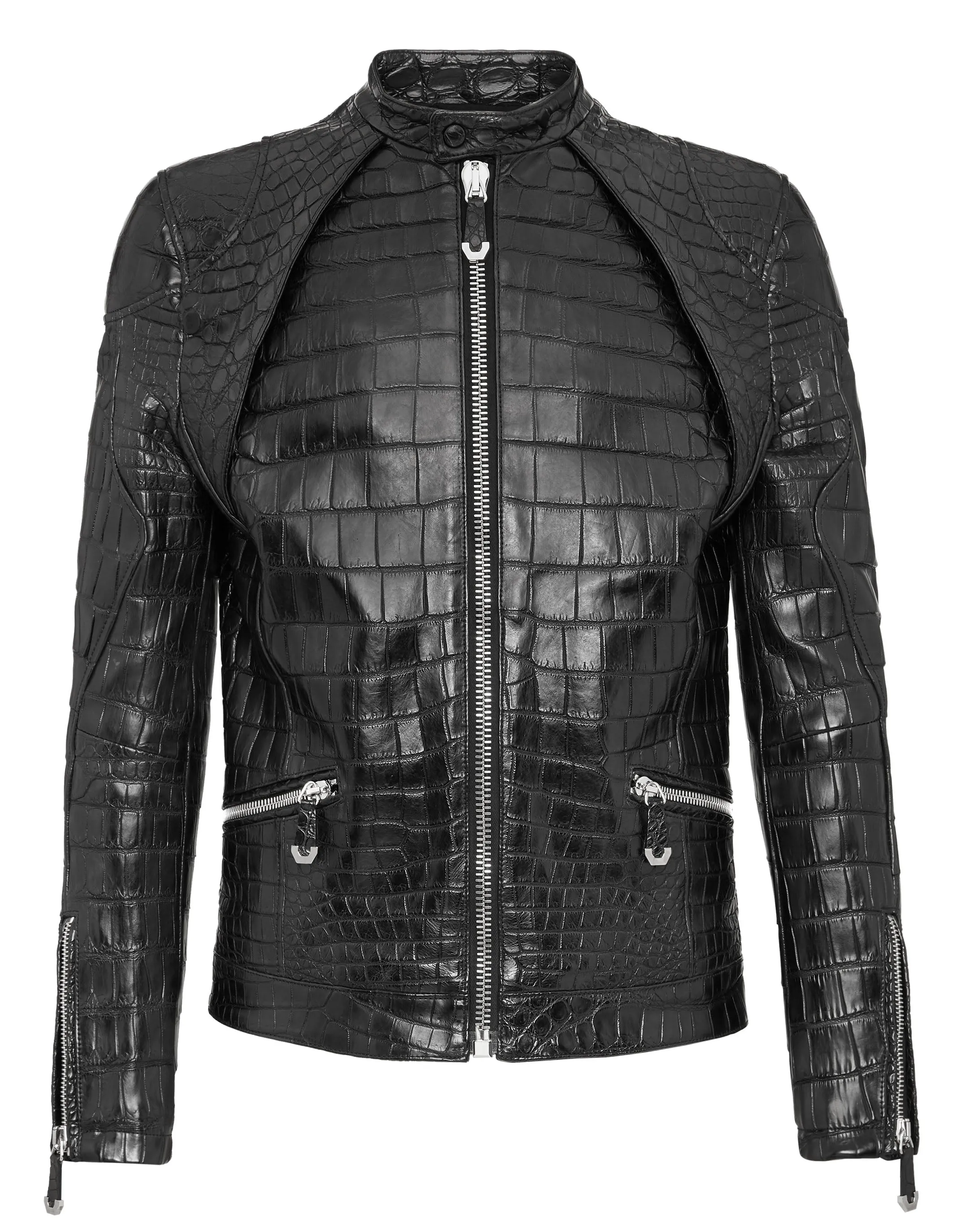 Black Crocodile Embossed Leather Jacket for Men