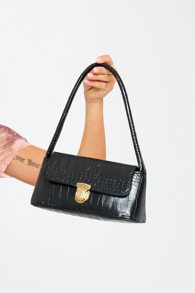 Black Crocodile Faux Leather Flap Baguette Bag