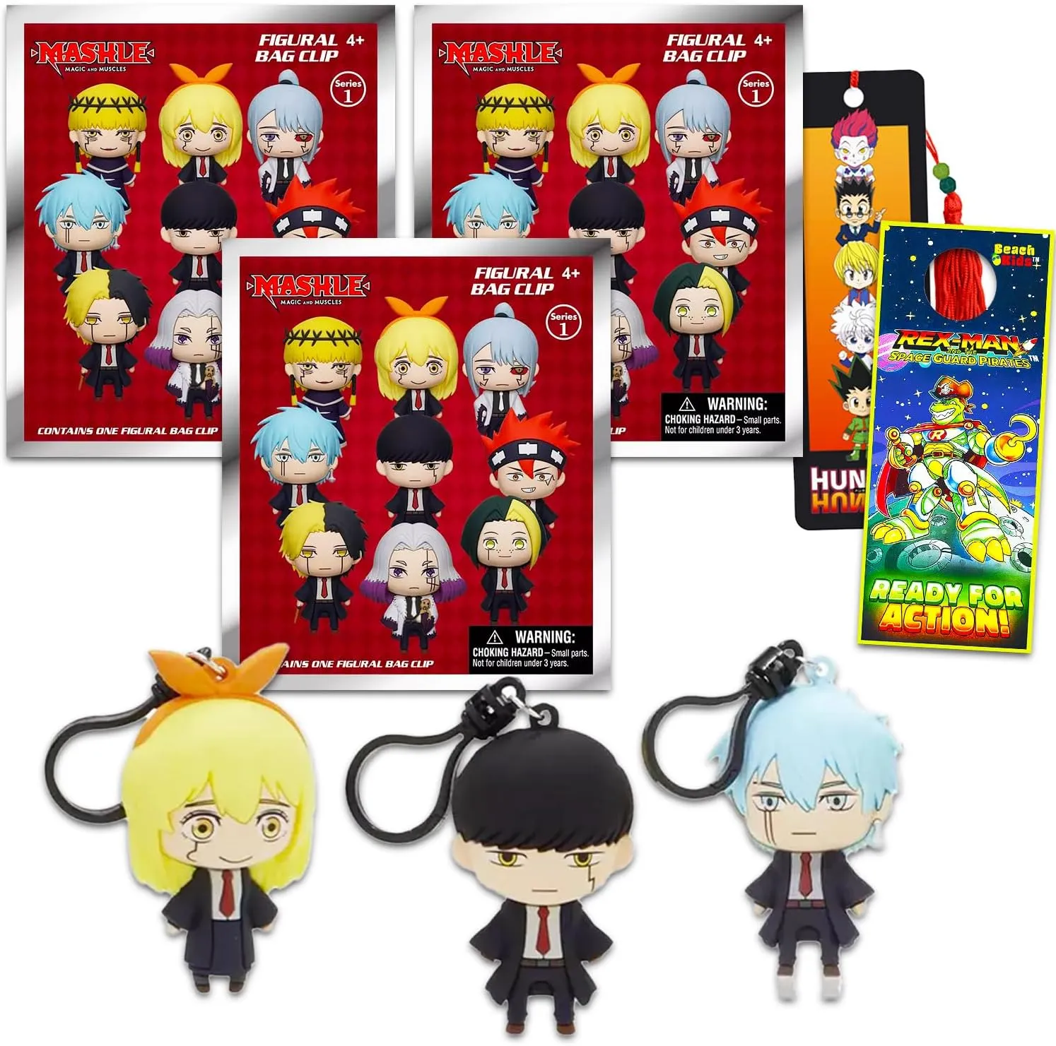 Blind Bags Set - Bundle with 3 Mashle Figural Bag Clips Plus Bookmark, More for Kids, Boys, Girls | Mashle Magic and Muscles Goodie Bags for Teens, Adults