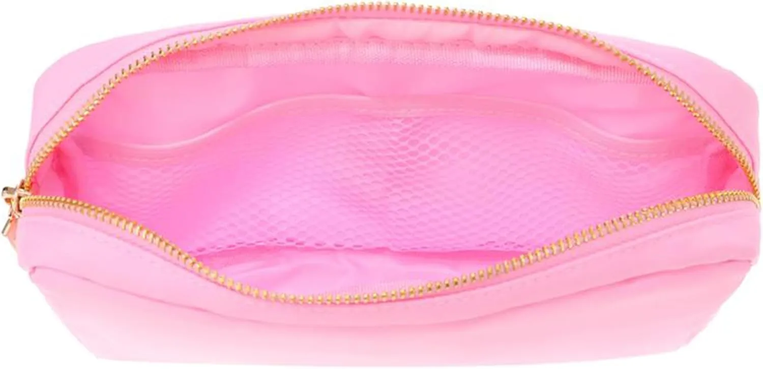 BLOC Bags Travel Makeup Bag, Cosmetic Bags for Women, Mini Makeup Bag, Cute Toiletry Bag, Beauty Bag with Chenille Patch, with Inside Zipper Pouch and Mesh Pockets (Pill, Baby Pink)
