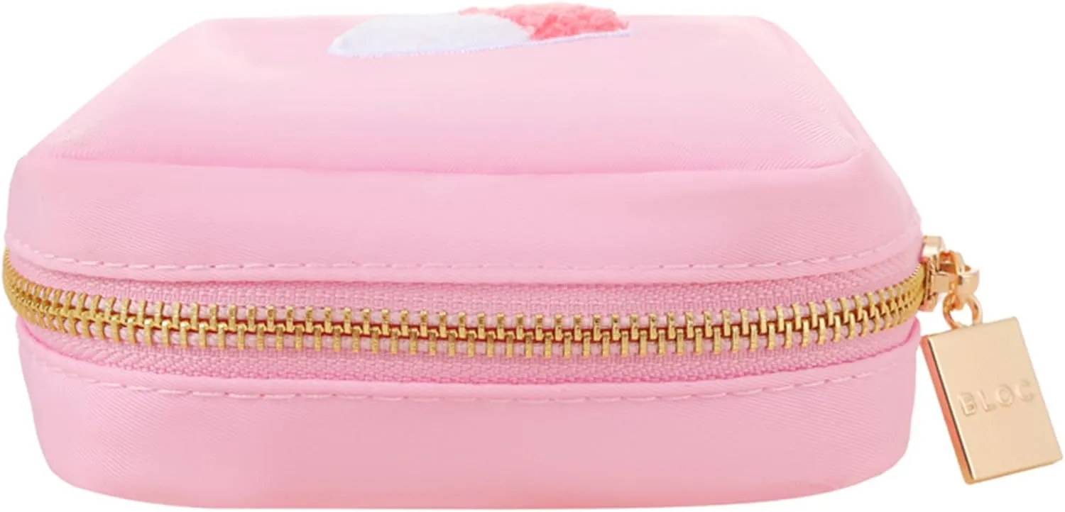 BLOC Bags Travel Makeup Bag, Cosmetic Bags for Women, Mini Makeup Bag, Cute Toiletry Bag, Beauty Bag with Chenille Patch, with Inside Zipper Pouch and Mesh Pockets (Pill, Baby Pink)